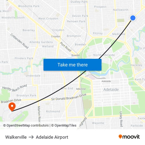 Walkerville to Adelaide Airport map