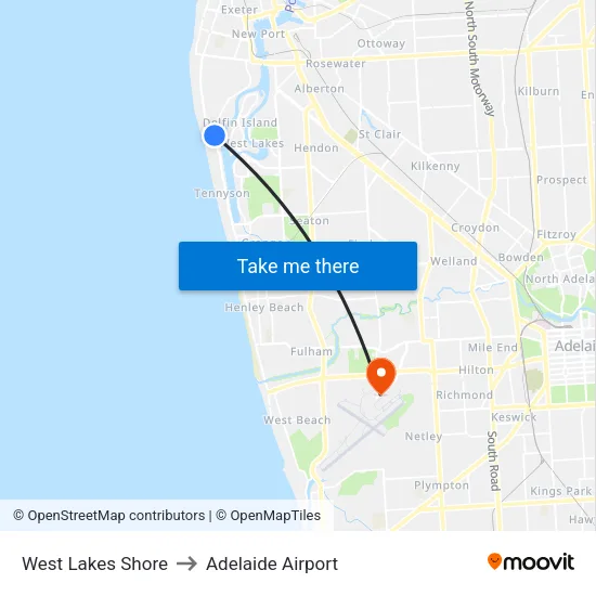 West Lakes Shore to Adelaide Airport map