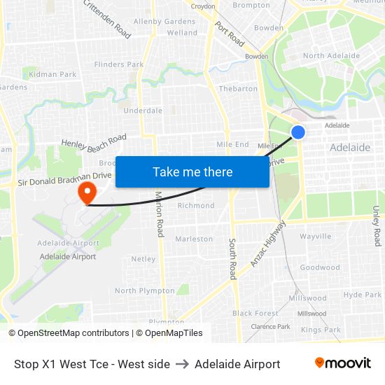 Stop X1 West Tce - West side to Adelaide Airport map