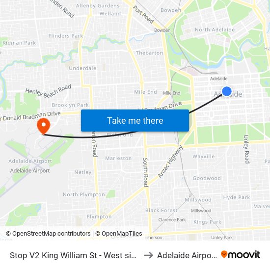 Stop V2 King William St - West side to Adelaide Airport map