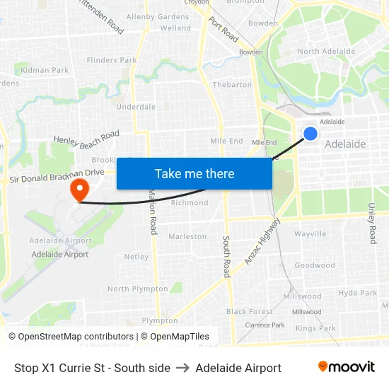 Stop X1 Currie St - South side to Adelaide Airport map