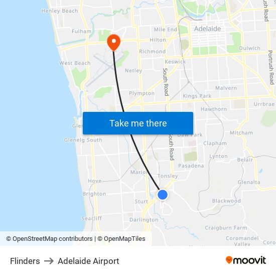 Flinders to Adelaide Airport map