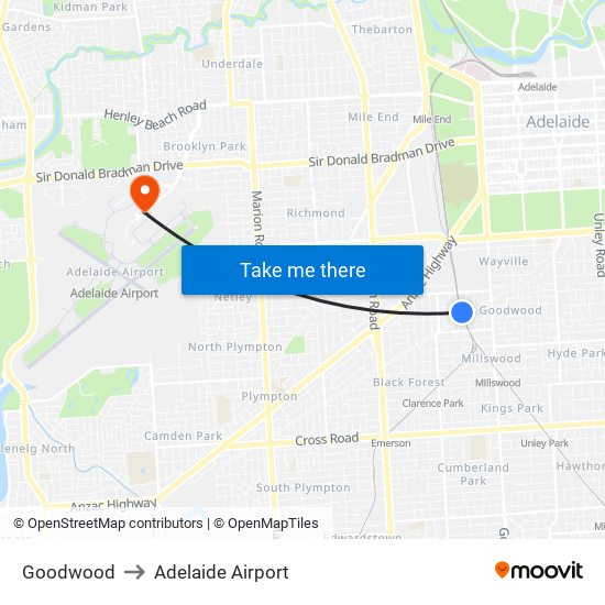 Goodwood to Adelaide Airport map