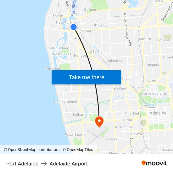 Port Adelaide to Adelaide Airport map