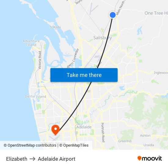 Elizabeth to Adelaide Airport map