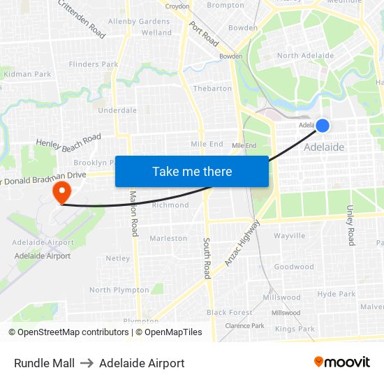 Rundle Mall to Adelaide Airport map