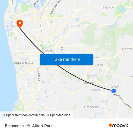 Balhannah to Albert Park map