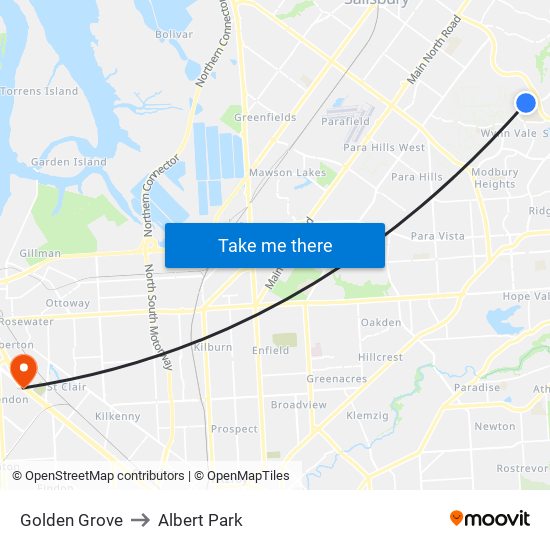 Golden Grove to Albert Park map