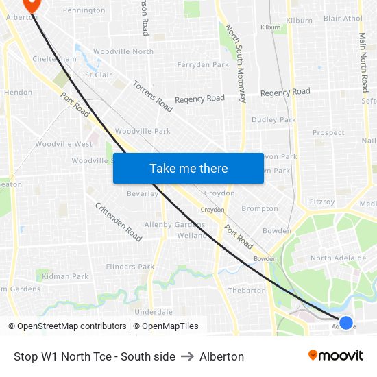 Stop W1 North Tce - South side to Alberton map