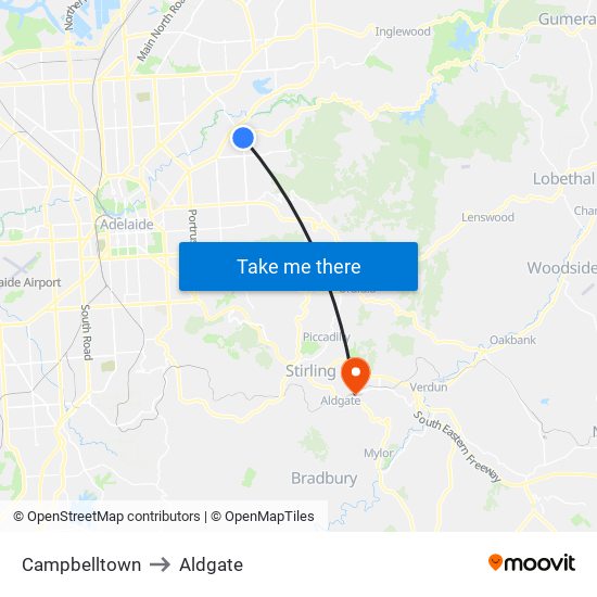 Campbelltown to Aldgate map