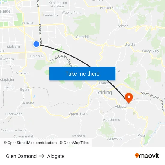 Glen Osmond to Aldgate map