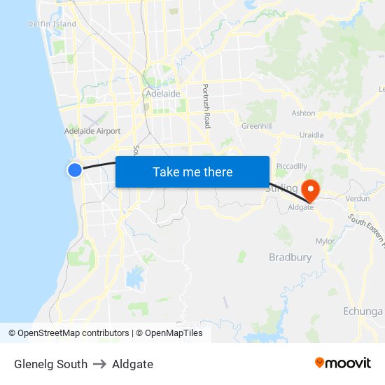 Glenelg South to Aldgate map
