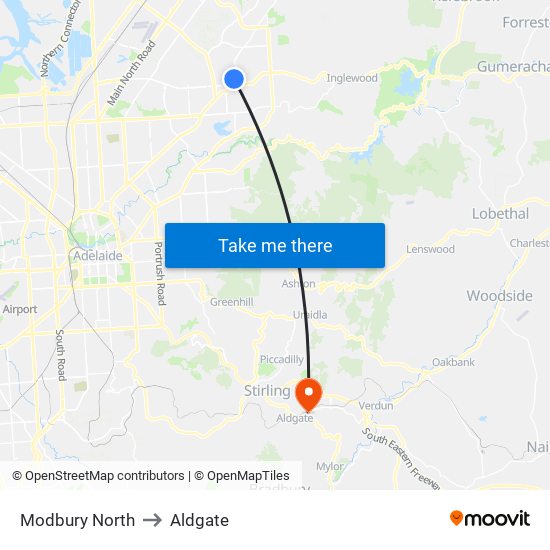 Modbury North to Aldgate map