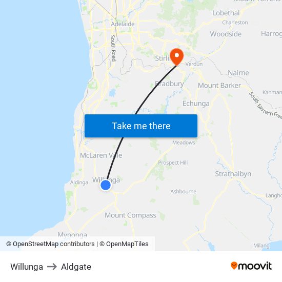 Willunga to Aldgate map