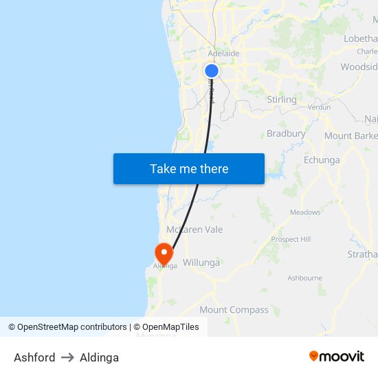 Ashford to Aldinga map