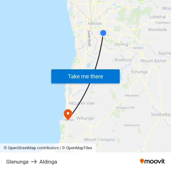 Glenunga to Aldinga map