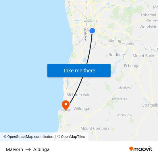 Malvern to Aldinga map
