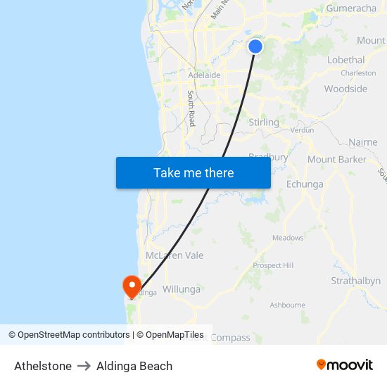 Athelstone to Aldinga Beach map