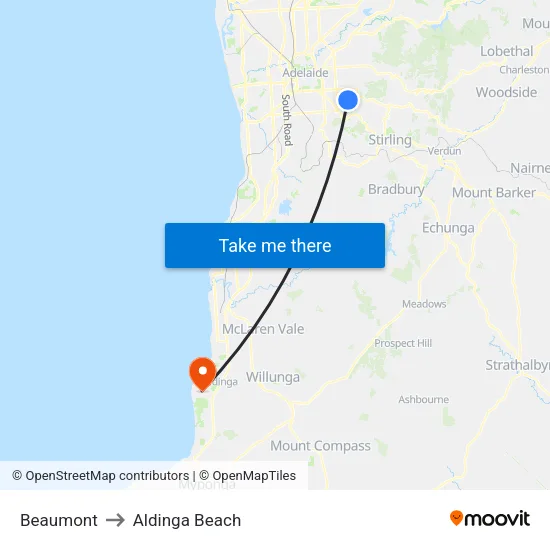 Beaumont to Aldinga Beach map