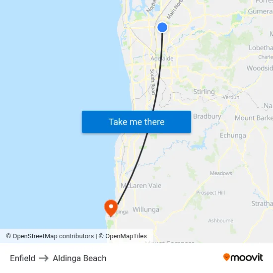 Enfield to Aldinga Beach map