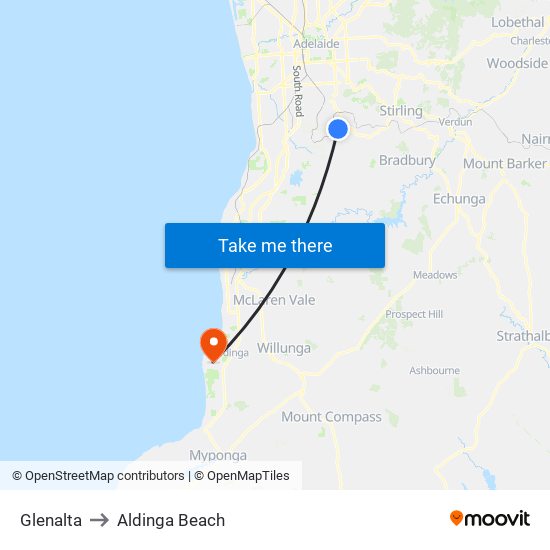 Glenalta to Aldinga Beach map