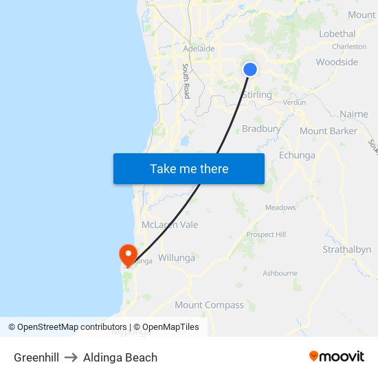 Greenhill to Aldinga Beach map