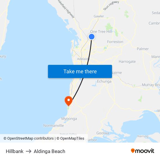 Hillbank to Aldinga Beach map