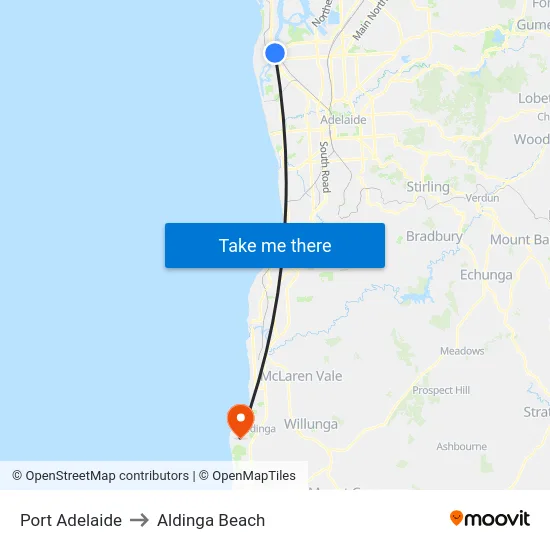 Port Adelaide to Aldinga Beach map