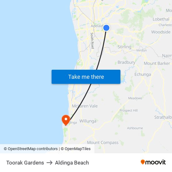 Toorak Gardens to Aldinga Beach map