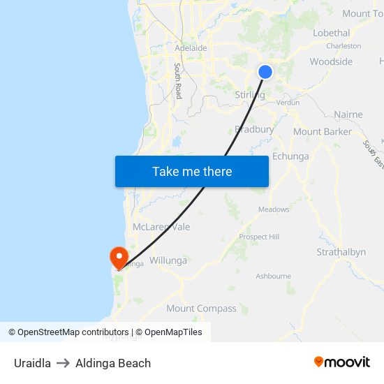 Uraidla to Aldinga Beach map