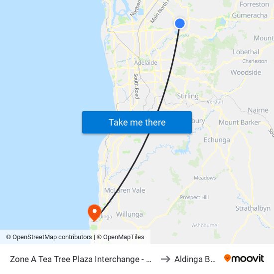 Zone A Tea Tree Plaza Interchange - West side to Aldinga Beach map