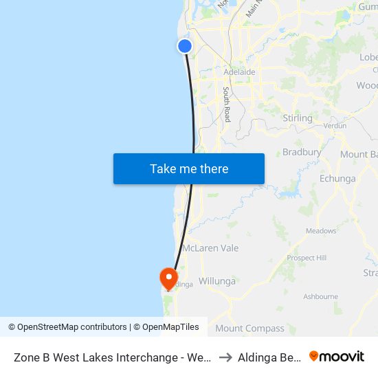 Zone B West Lakes Interchange - West side to Aldinga Beach map