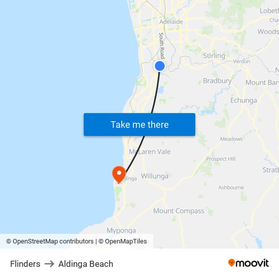 Flinders to Aldinga Beach map