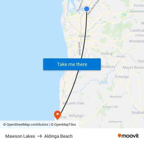Mawson Lakes to Aldinga Beach map