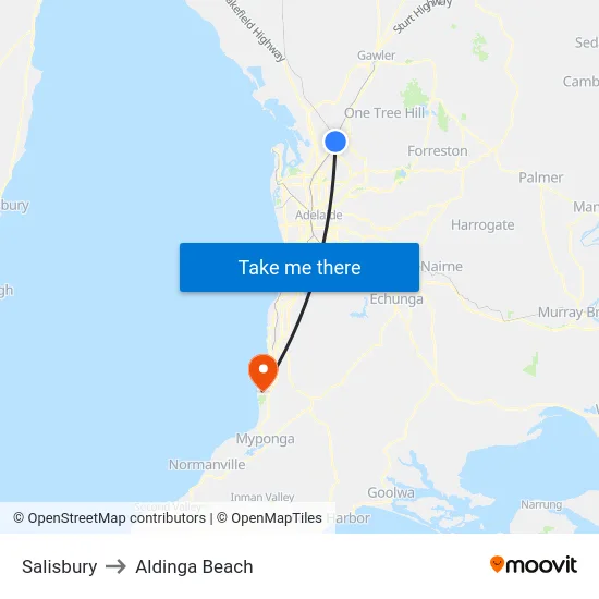 Salisbury to Aldinga Beach map