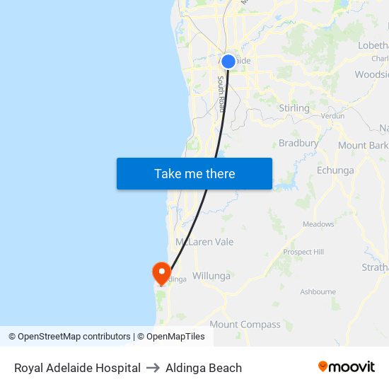 Royal Adelaide Hospital to Aldinga Beach map