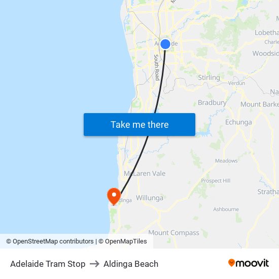 Adelaide Tram Stop to Aldinga Beach map