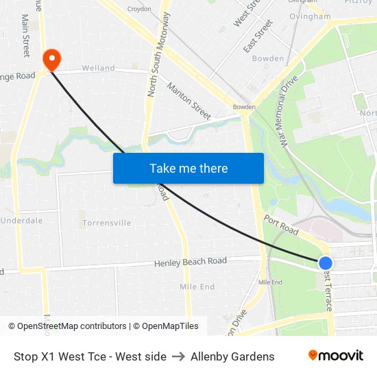 Stop X1 West Tce - West side to Allenby Gardens map