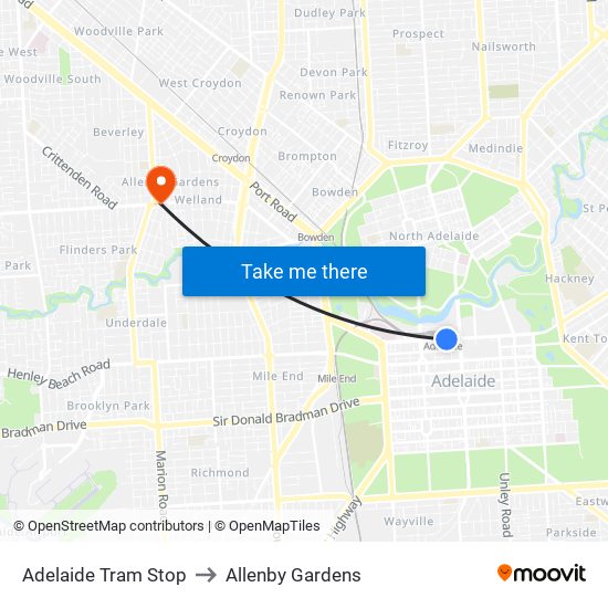 Adelaide Tram Stop to Allenby Gardens map