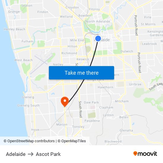 Adelaide to Ascot Park map