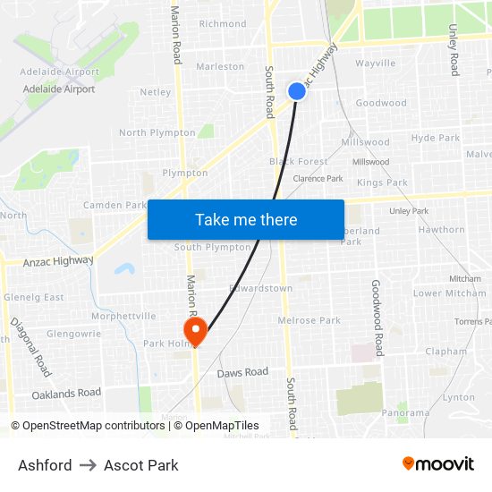 Ashford to Ascot Park map