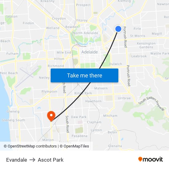 Evandale to Ascot Park map