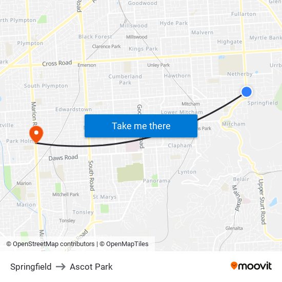 Springfield to Ascot Park map