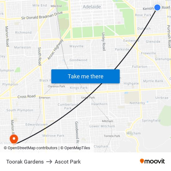 Toorak Gardens to Ascot Park map