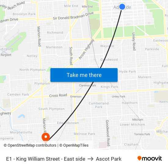 E1 - King William Street - East side to Ascot Park map