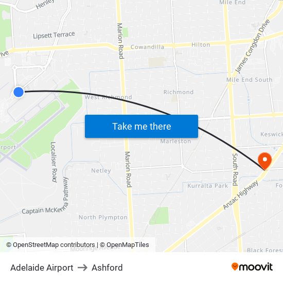 Adelaide Airport to Ashford map