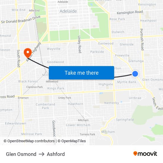 Glen Osmond to Ashford map