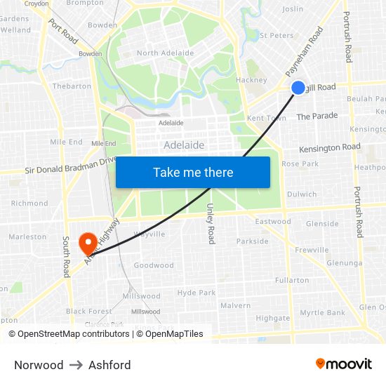 Norwood to Ashford map