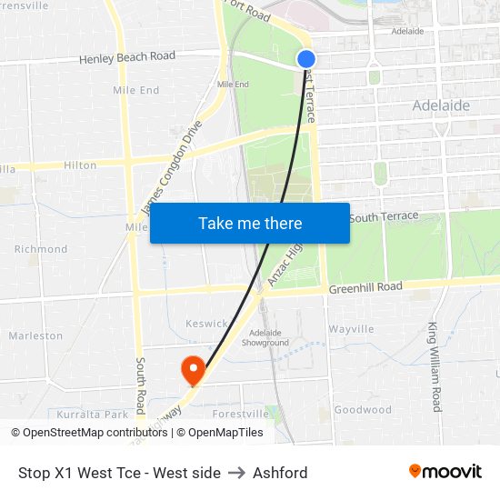 Stop X1 West Tce - West side to Ashford map