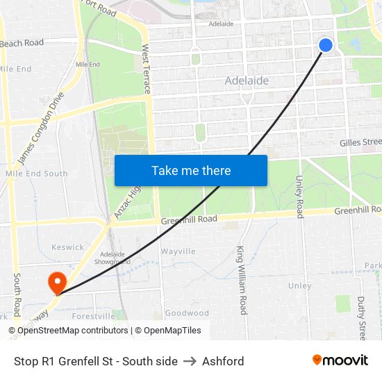 Stop R1 Grenfell St - South side to Ashford map